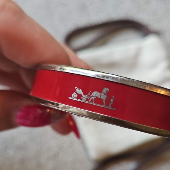 Hermes Silver Red Logo Bangle Bracelet W/Dustbag - Picture 3 of 6